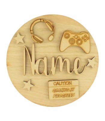 Laser Cut Oak Veneer Circle Plaque Personalised Name With X-Box Shapes